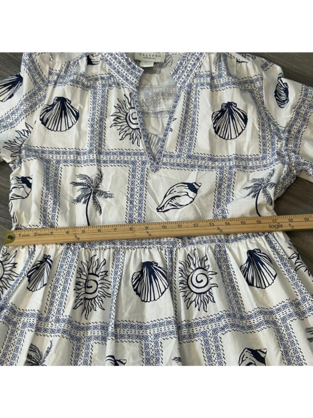 Calypso St. Barth Dress Womens L White Blue Seashell Coastal Palm Tropical Beach - Picture 8 of 11